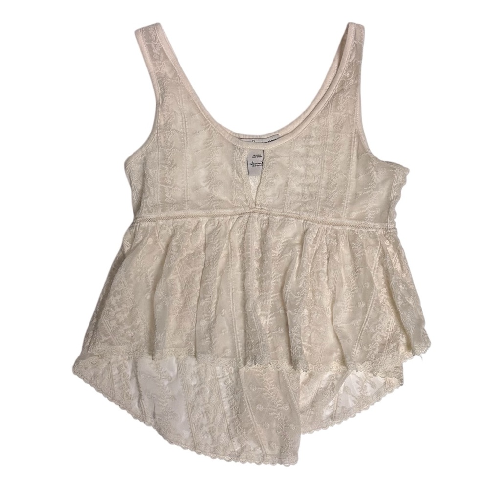 American Rag Cream Lace Sheer Sleeveless High Low Top Sz M F4